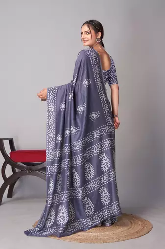 grey Pure soft cotton hand block batik print saree with blouse piece