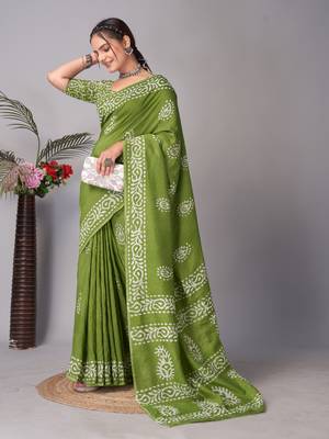 green Pure soft cotton hand block batik print saree with blouse piece 1