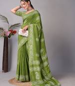 green Pure soft cotton hand block batik print saree with blouse piece