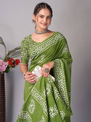 green Pure soft cotton hand block batik print saree with blouse piece 2