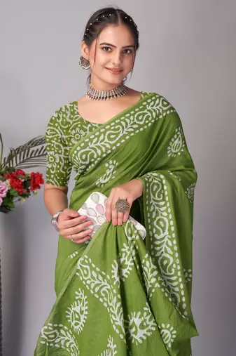 green Pure soft cotton hand block batik print saree with blouse piece