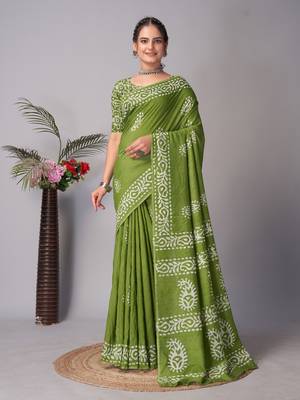 green Pure soft cotton hand block batik print saree with blouse piece 3