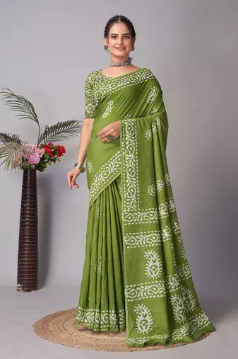 green Pure soft cotton hand block batik print saree with blouse piece