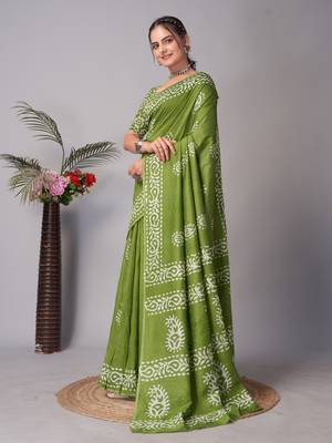 green Pure soft cotton hand block batik print saree with blouse piece 4