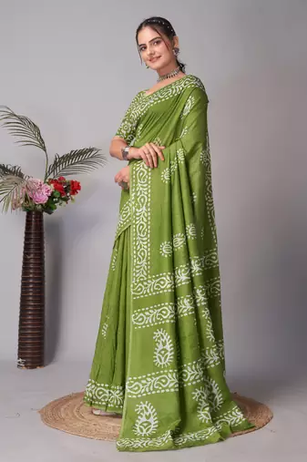 green Pure soft cotton hand block batik print saree with blouse piece