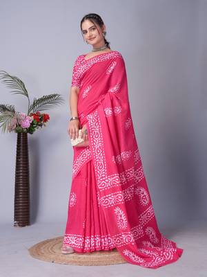 pink Pure soft cotton hand block batik print saree with blouse piece 1