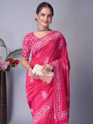 pink Pure soft cotton hand block batik print saree with blouse piece 2