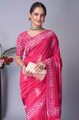 pink Pure soft cotton hand block batik print saree with blouse piece
