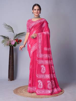 pink Pure soft cotton hand block batik print saree with blouse piece 3