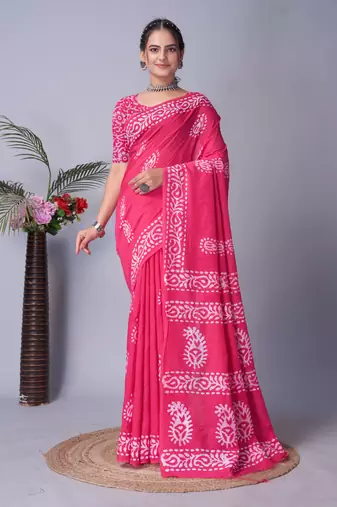 pink Pure soft cotton hand block batik print saree with blouse piece