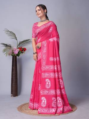 pink Pure soft cotton hand block batik print saree with blouse piece 4