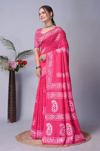 pink Pure soft cotton hand block batik print saree with blouse piece