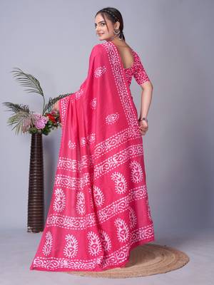 pink Pure soft cotton hand block batik print saree with blouse piece 5