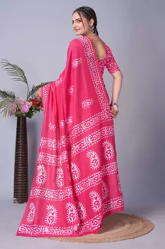 pink Pure soft cotton hand block batik print saree with blouse piece