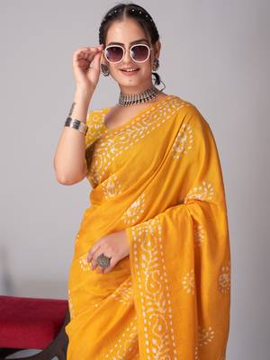 yellow Pure soft cotton hand block batik print saree with blouse piece 2