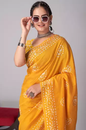 yellow Pure soft cotton hand block batik print saree with blouse piece