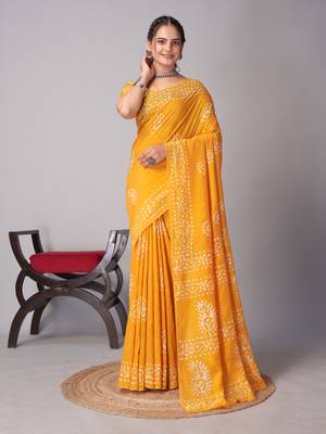 yellow Pure soft cotton hand block batik print saree with blouse piece 3