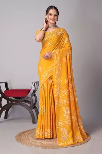 yellow Pure soft cotton hand block batik print saree with blouse piece