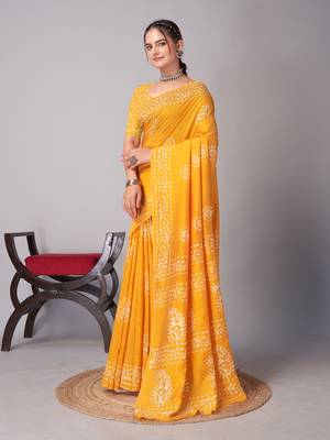 yellow Pure soft cotton hand block batik print saree with blouse piece 4