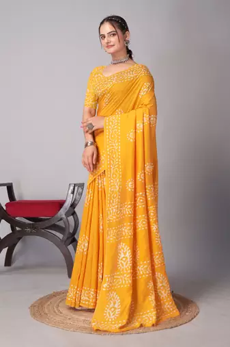yellow Pure soft cotton hand block batik print saree with blouse piece