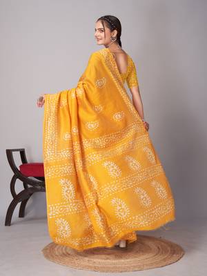 yellow Pure soft cotton hand block batik print saree with blouse piece 5