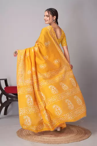 yellow Pure soft cotton hand block batik print saree with blouse piece