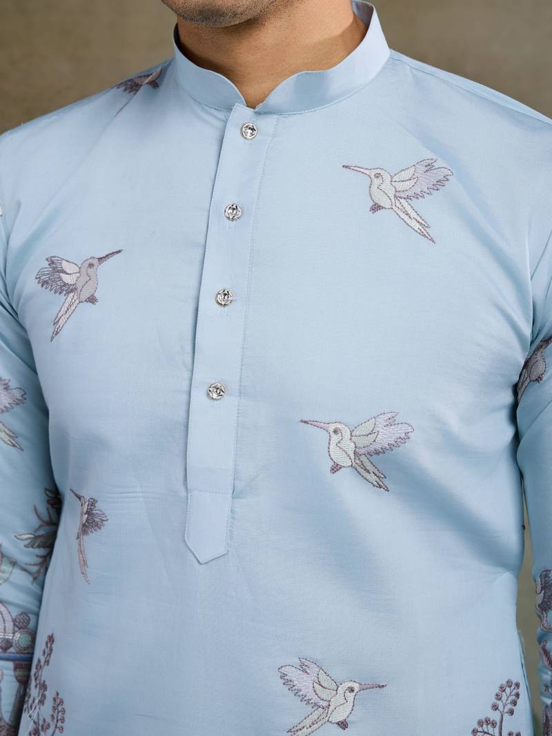 Sky blue viscose silk thread & sequence embroidered work kurta