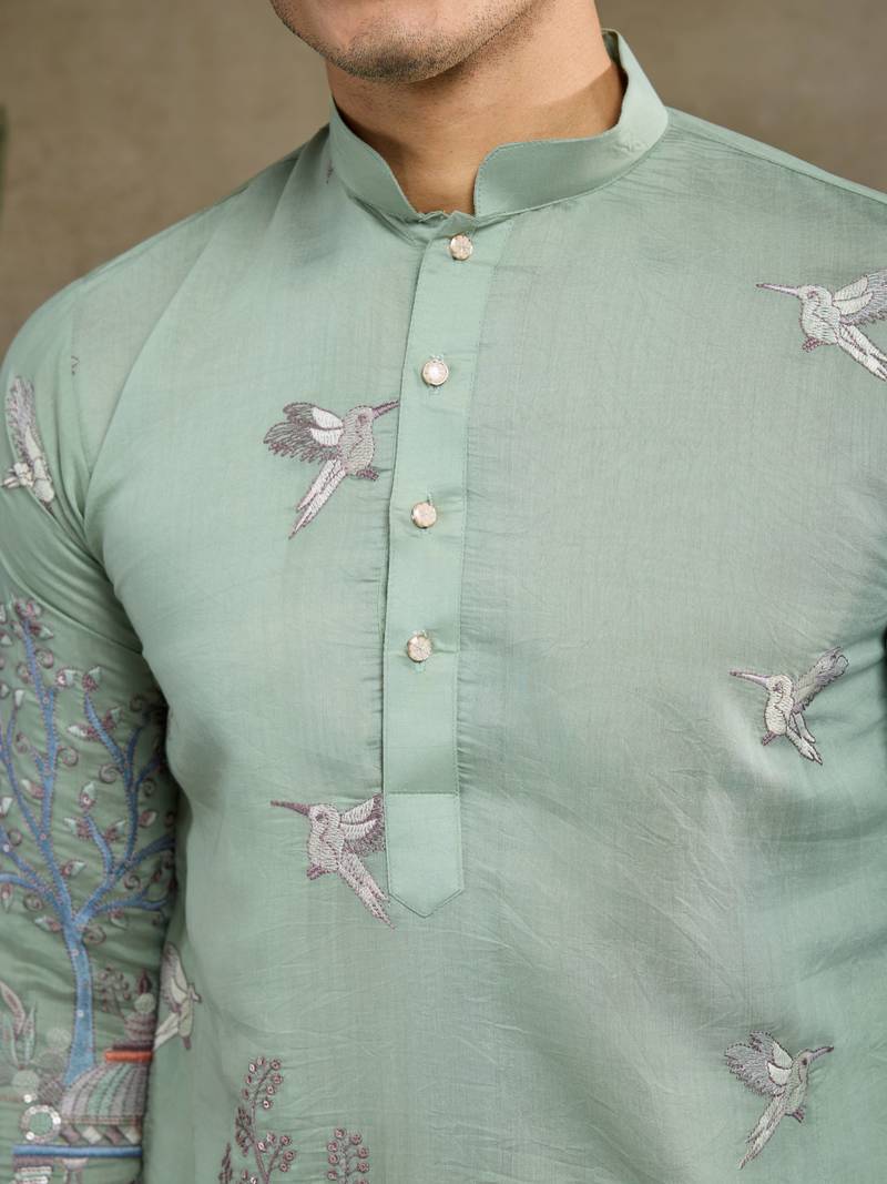 Pista viscose silk thread & sequence embroidered work kurta