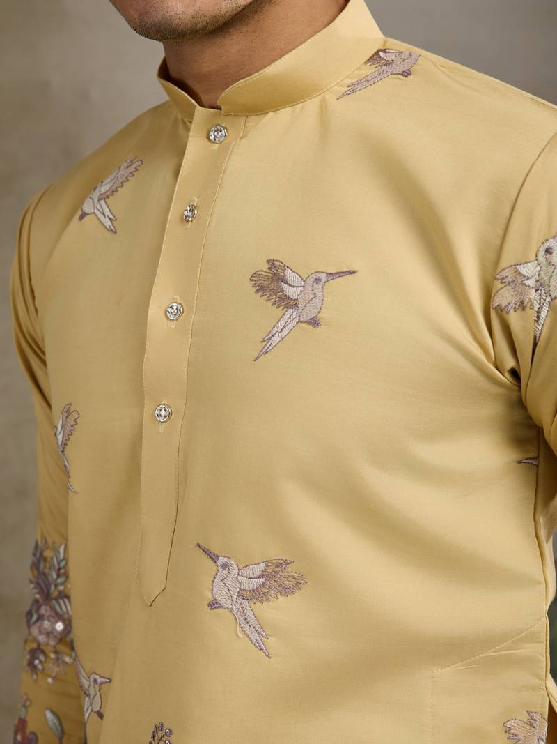 Yellow viscose silk thread & sequence embroidered work kurta