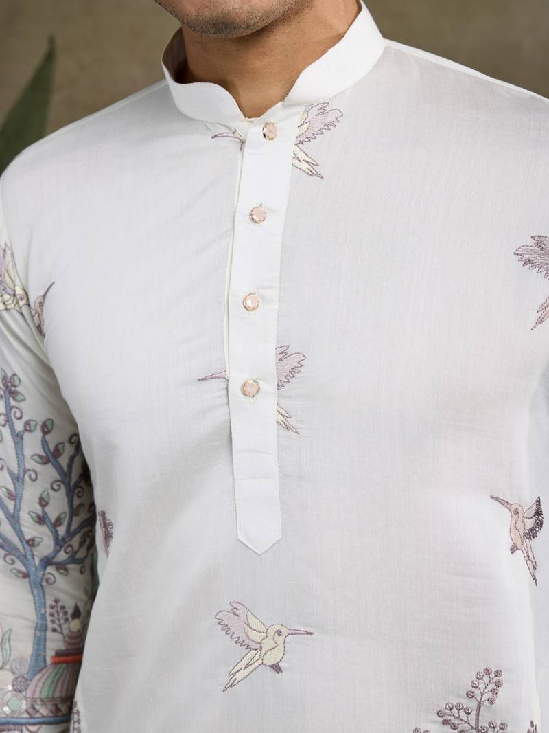 White viscose silk thread & sequence embroidered work kurta