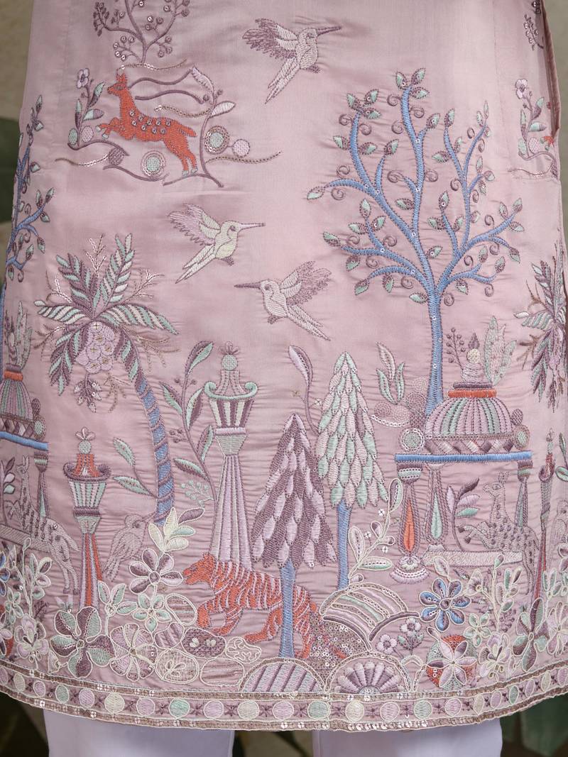 Peach viscose silk thread & sequence embroidered work kurta