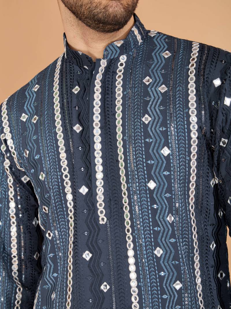 Grey viscose rayon sequence & foil mirror heavy embroidered work kurta