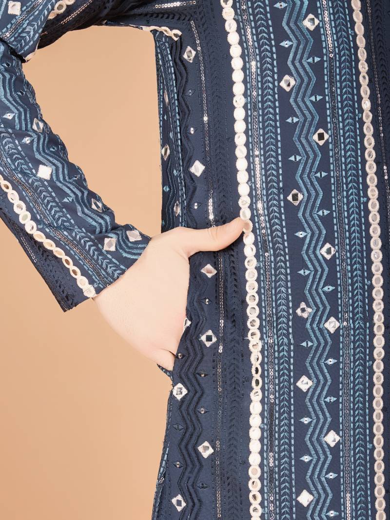 Grey viscose rayon sequence & foil mirror heavy embroidered work kurta