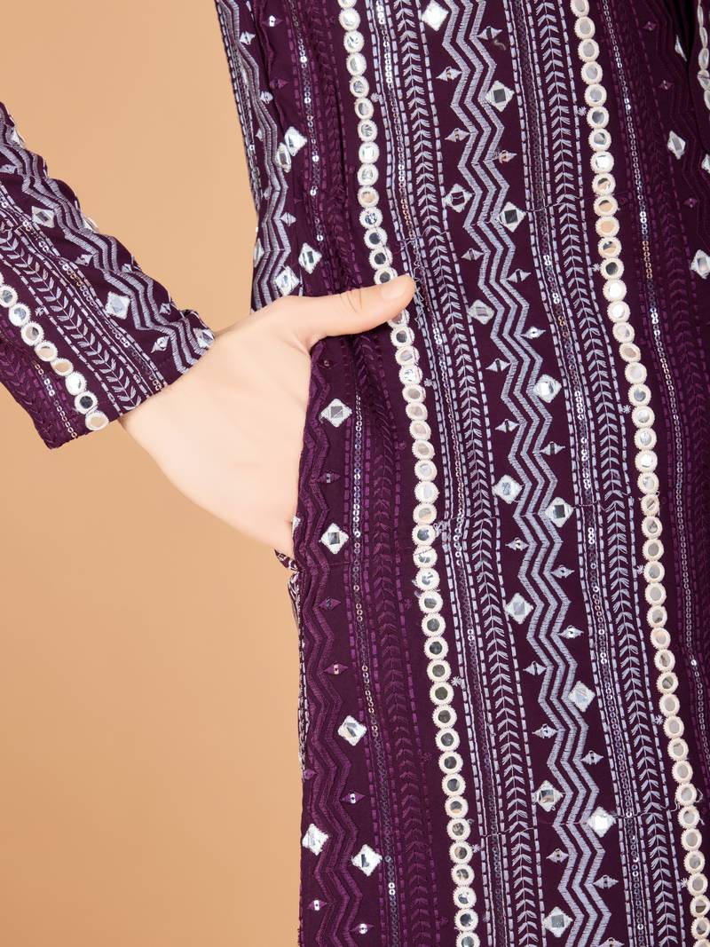 Purple viscose rayon sequence & foil mirror heavy embroidered work kurta