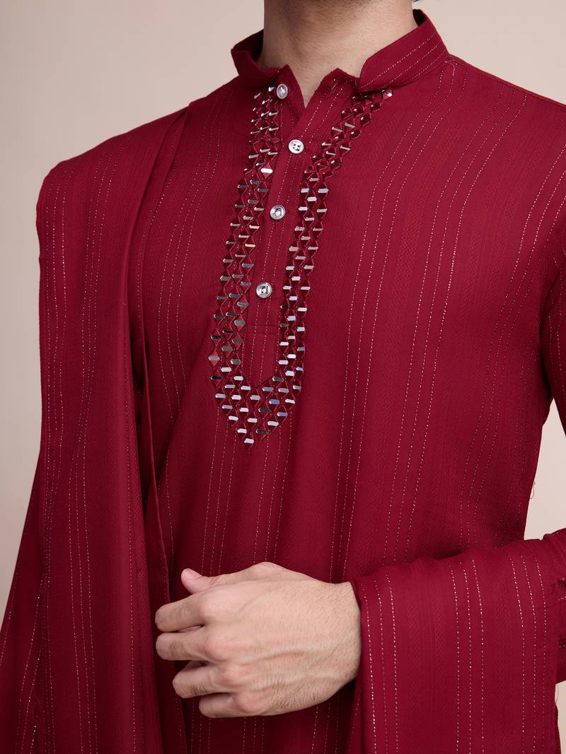 Maroon viscose thread & sequence embroidered work kurta pant set