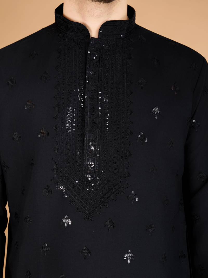 Black viscose silk thread with sequence embroidered work kurta with dupatta