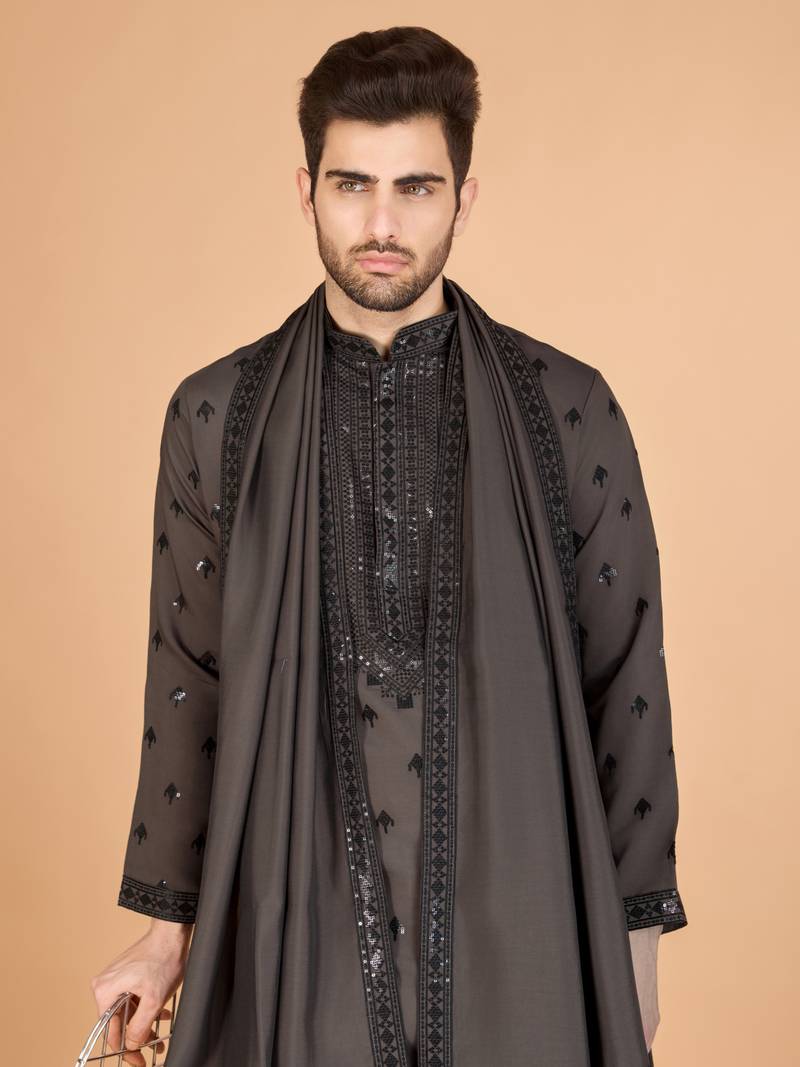 Brown viscose silk thread with sequence embroidered work kurta with dupatta