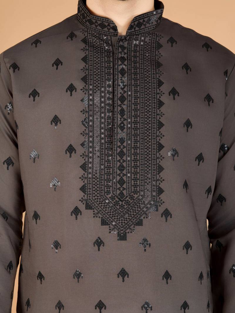 Brown viscose silk thread with sequence embroidered work kurta with dupatta
