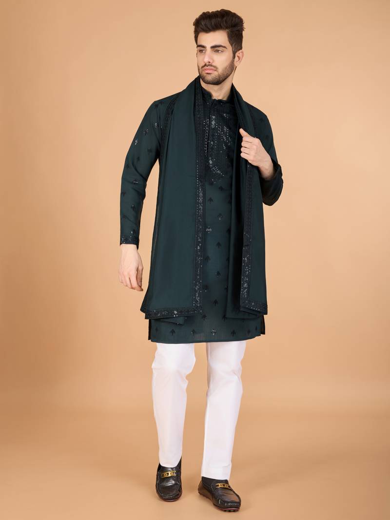 Green viscose silk thread with sequence embroidered work kurta with dupatta