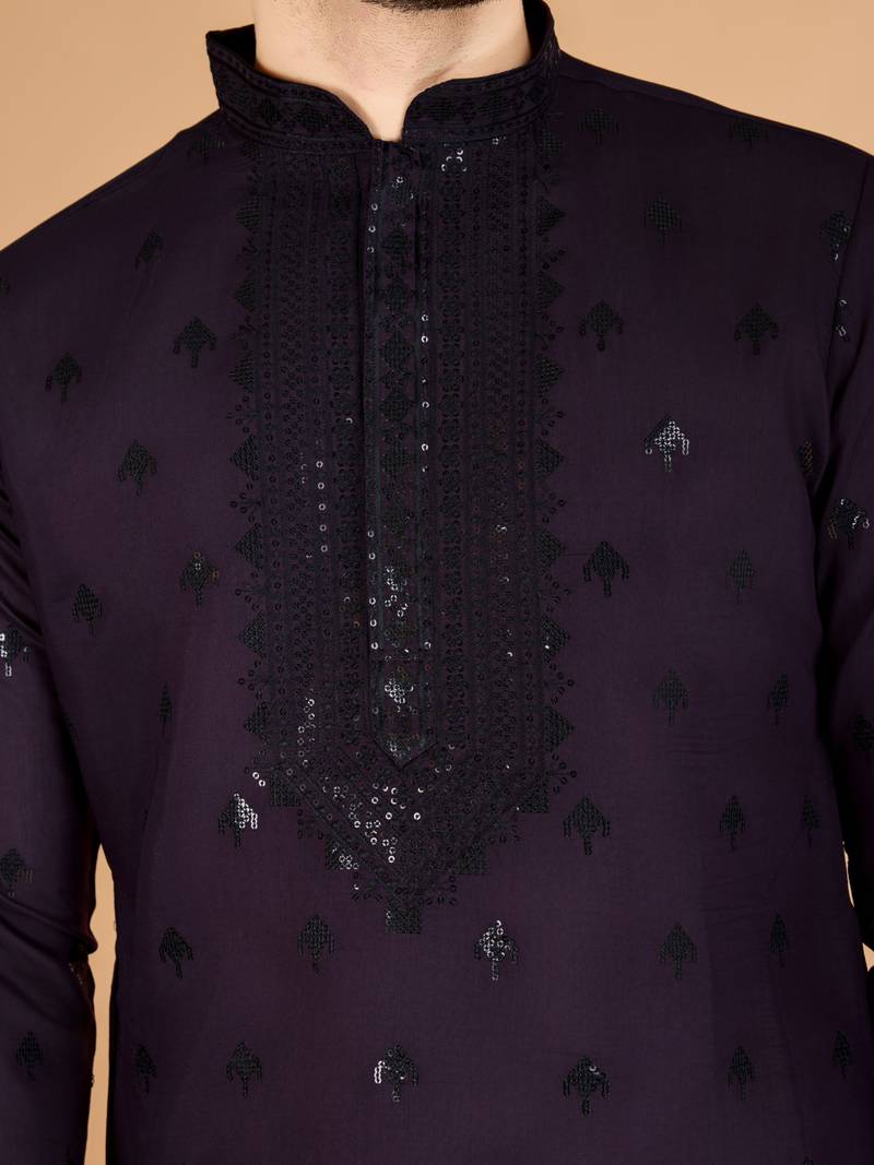 Purple viscose silk thread with sequence embroidered work kurta with dupatta