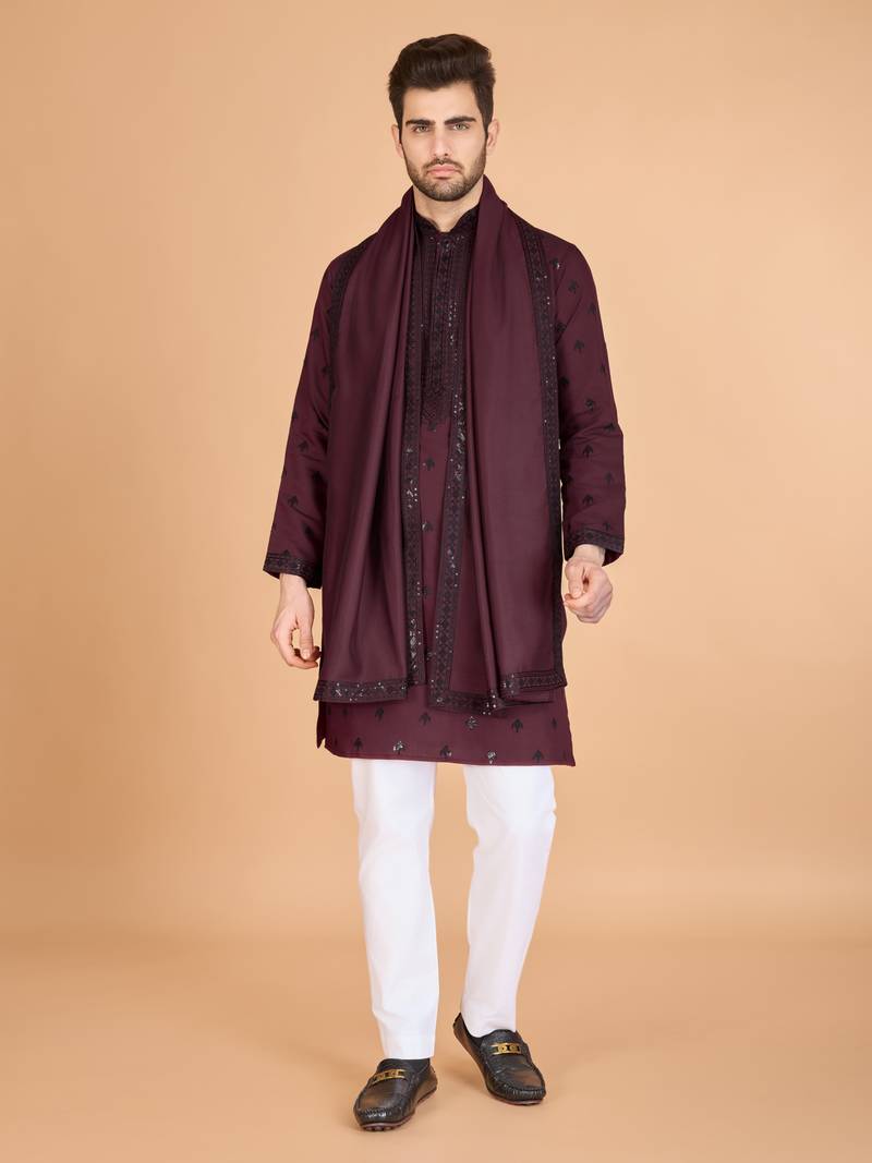 Maroon viscose silk thread with sequence embroidered work kurta with dupatta