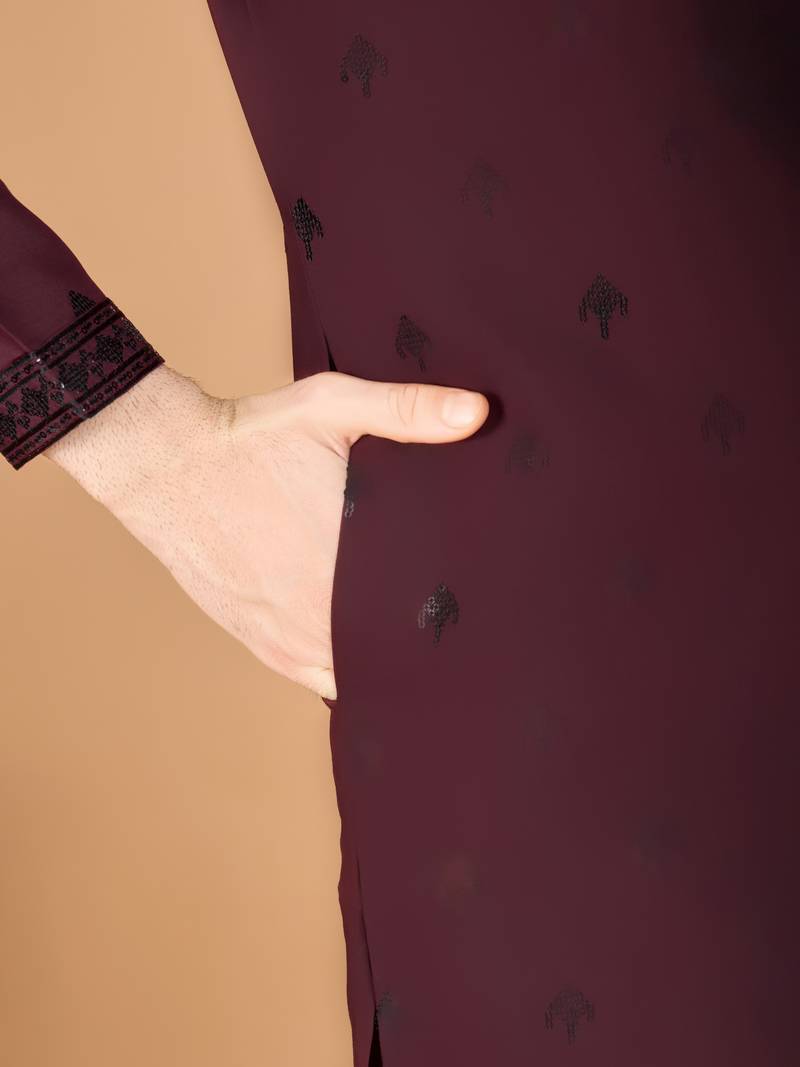 Maroon viscose silk thread with sequence embroidered work kurta with dupatta