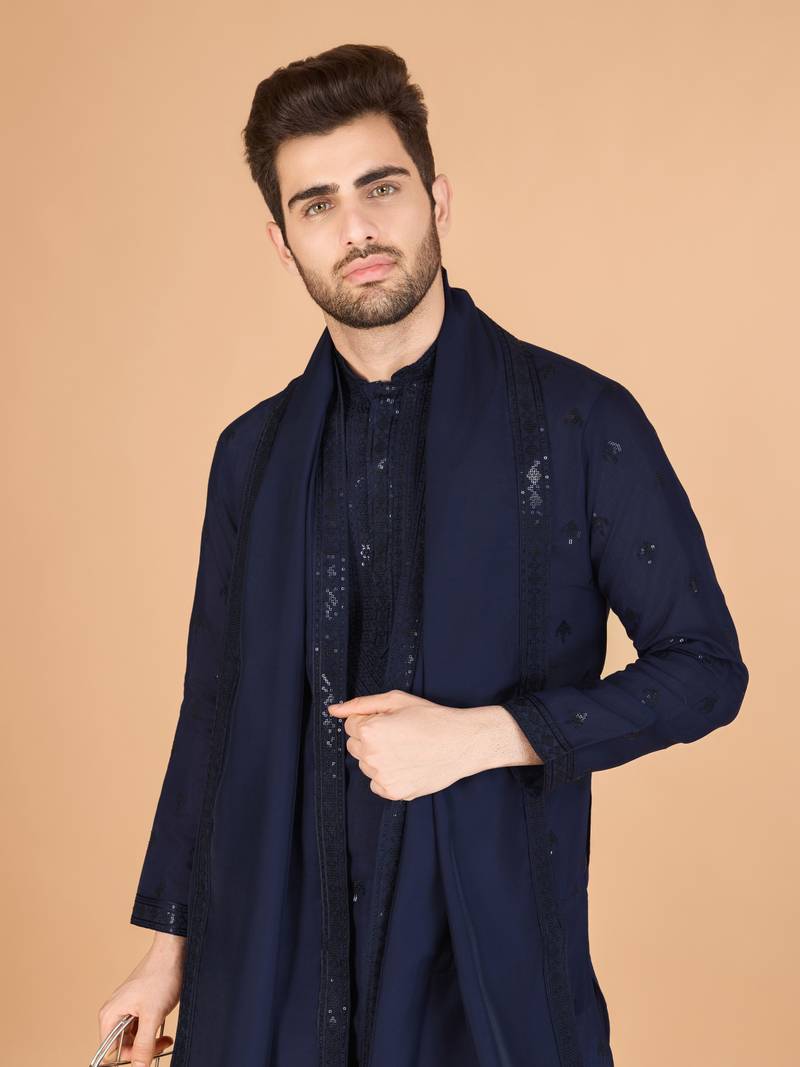 Navy blue viscose silk thread with sequence embroidered work kurta with dupatta