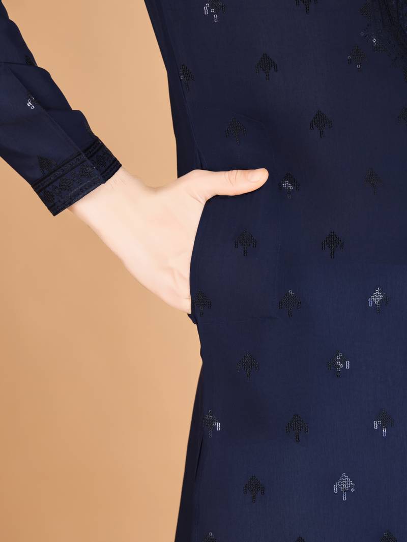 Navy blue viscose silk thread with sequence embroidered work kurta with dupatta