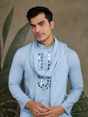 Sky blue Viscose Rayon Real mirror work kurta with dupatta 6