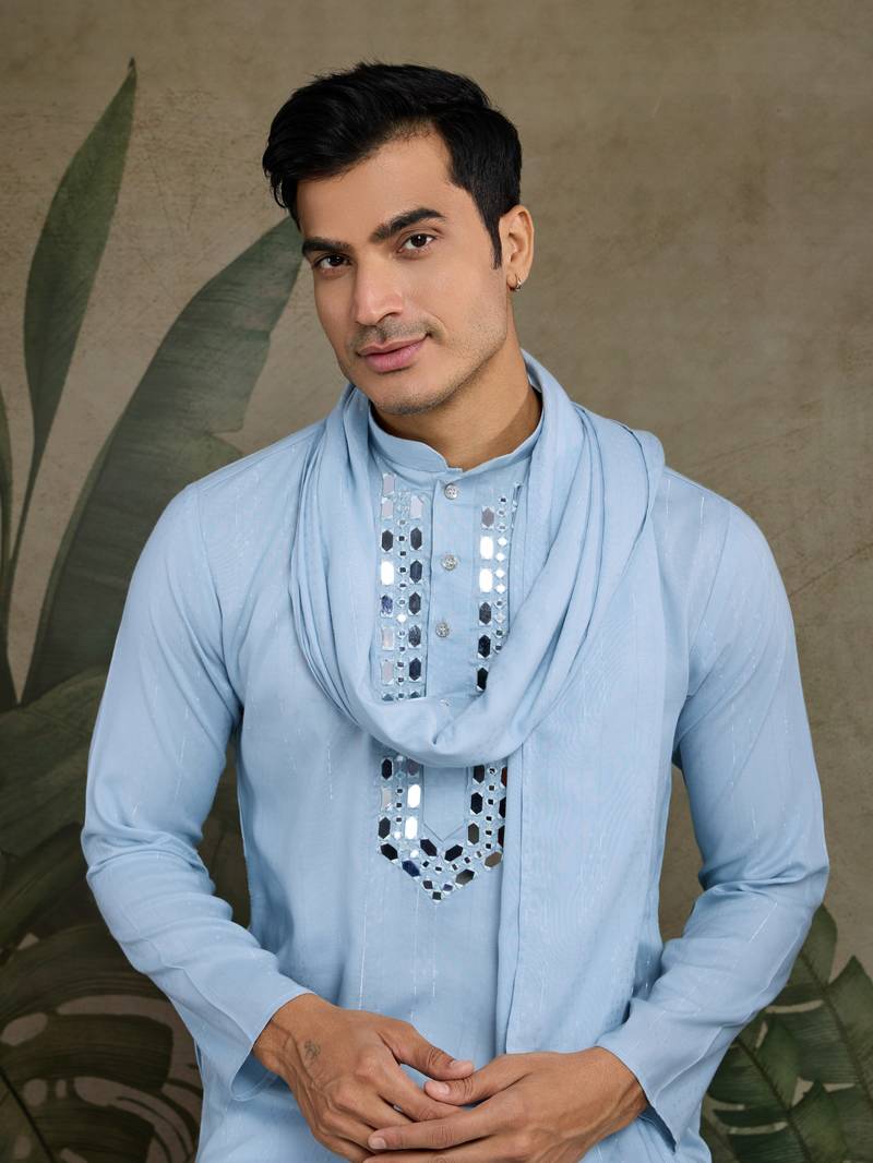Sky blue Viscose Rayon Real mirror work kurta with dupatta