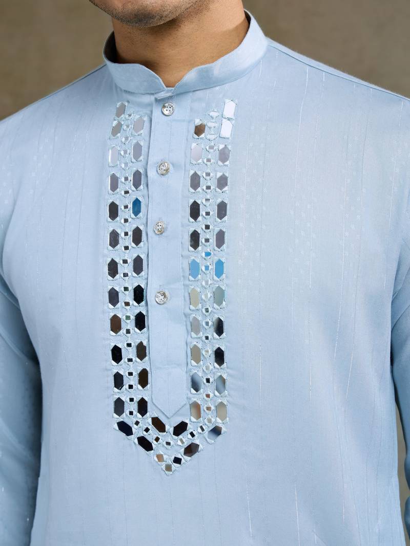Sky blue Viscose Rayon Real mirror work kurta with dupatta