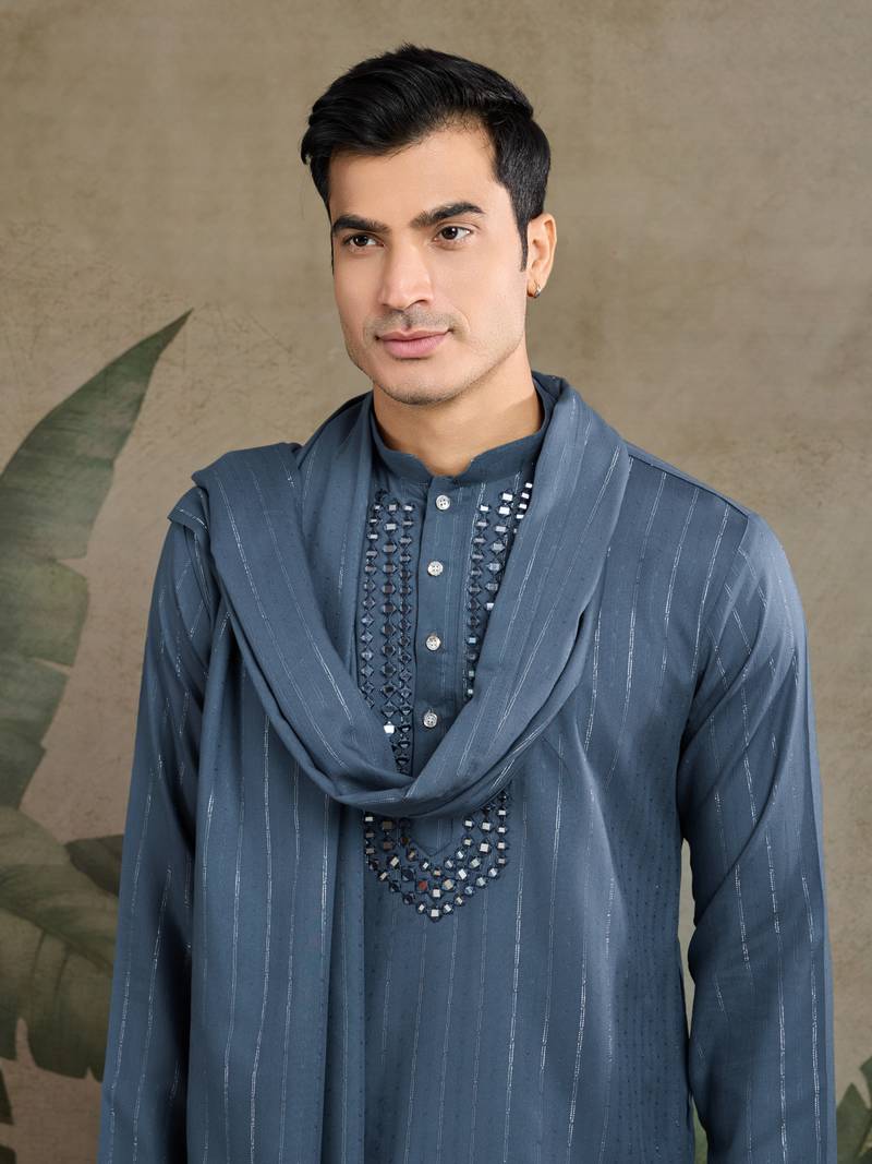 Blue grey Viscose Rayon Real mirror work kurta with dupatta