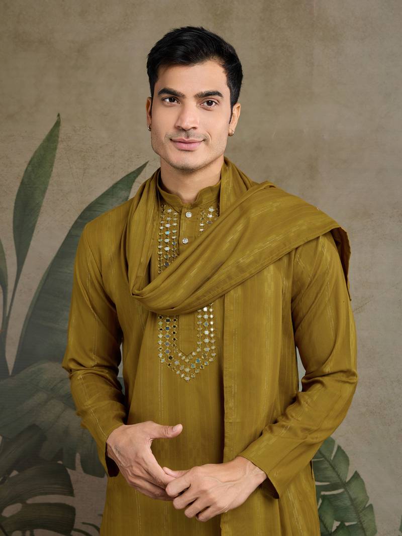 Rust yellow Viscose Rayon Real mirror work kurta with dupatta