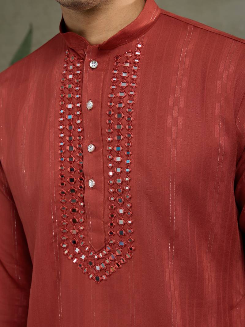 Rust orange Viscose Rayon Real mirror work kurta with dupatta